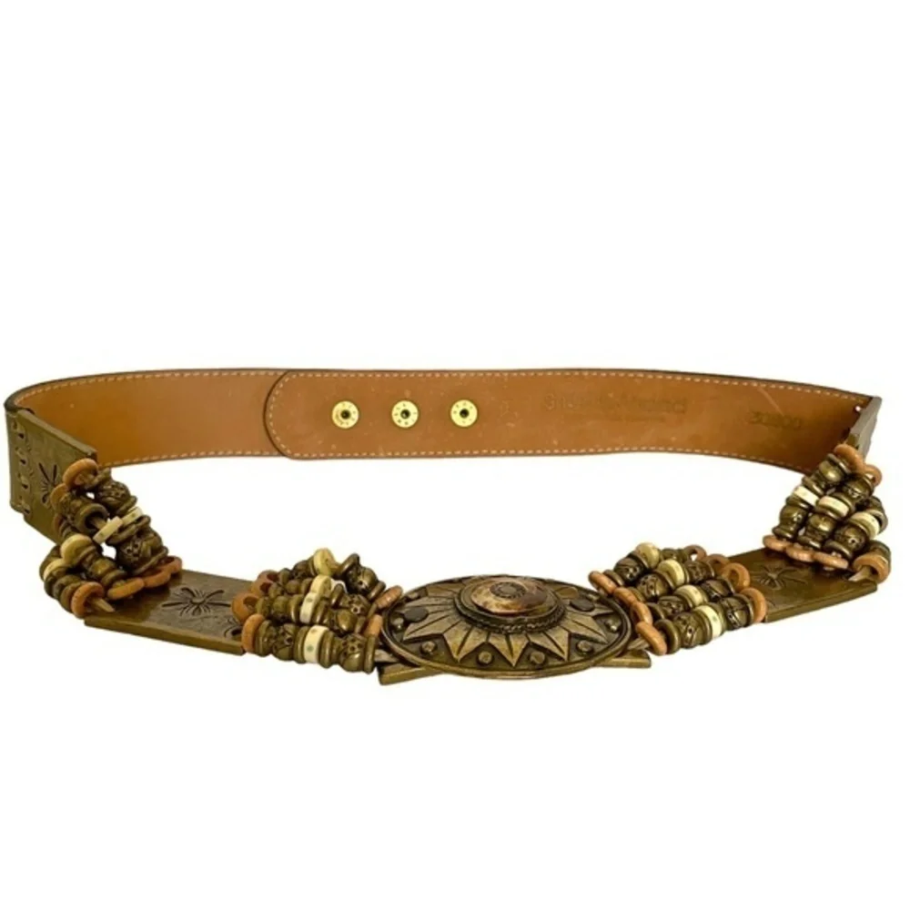 Streets Ahead Beaded Sun Brass Medallion Italian Leather Statement Belt
